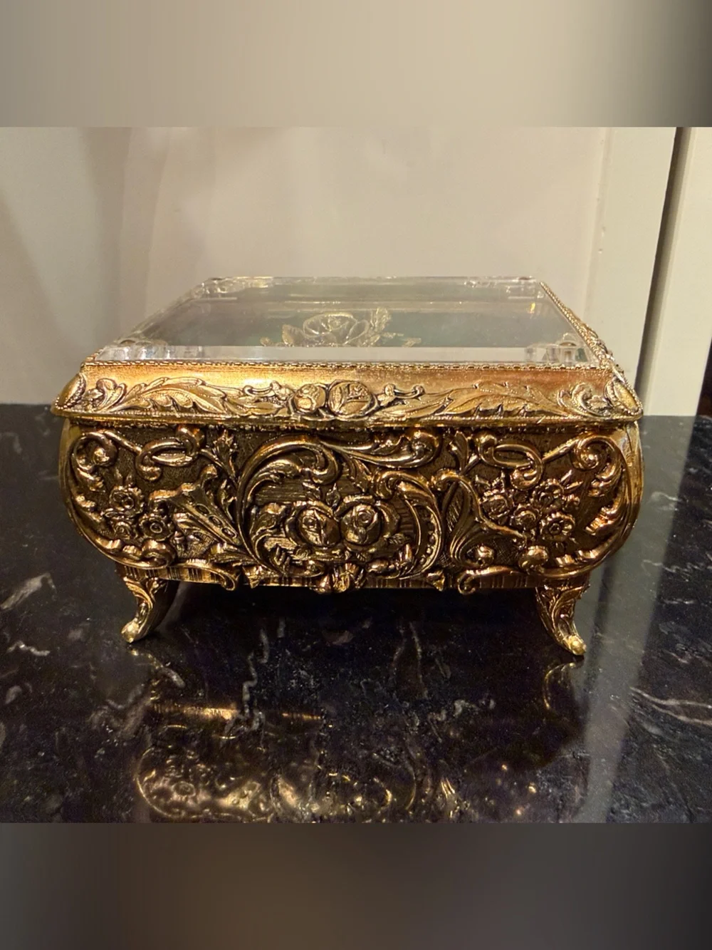 Ornate Gold Glass Top Jewelry Box with Green Velvet Interior